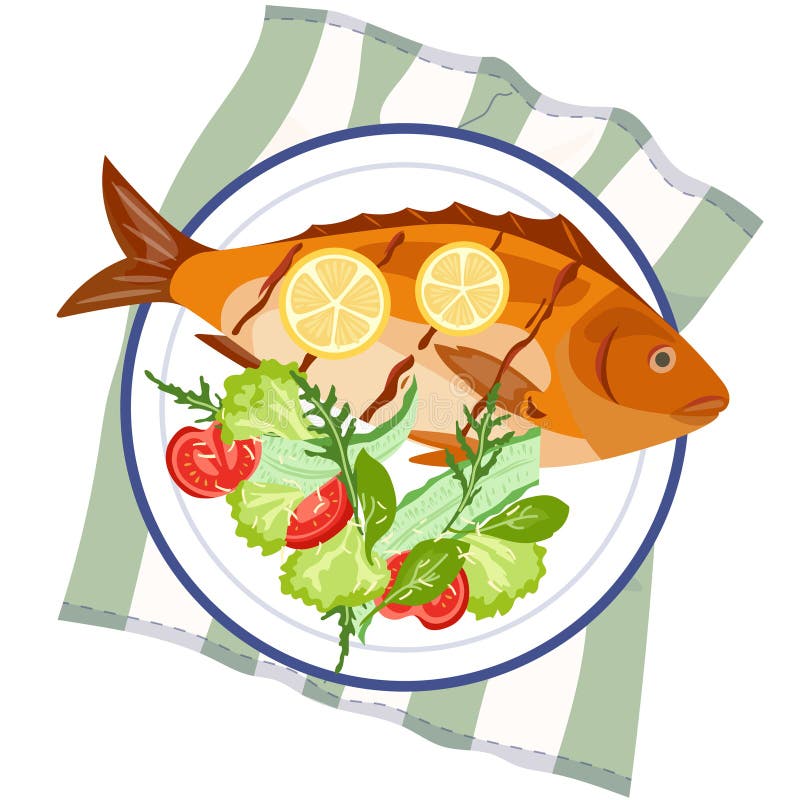 Pescado a la parrilla con lonchas de limón y ensalada fresca. Plato de marisco con tomates verdes y lechuga en servilleta a rayas. stock de ilustración