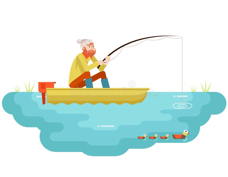 Pescador adulto da pesca de lago com pesca do vetor liso do molde do projeto do ícone de Rod Boat Birds Concept Character ilustração do vetor Pescador adulto da pesca de lago com pesca do vetor liso do molde do projeto do ícone de Rod Boat Birds Concept Character ilustração do vetor