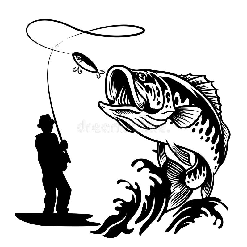 Pescador capturando el gran pez de bajo en blanco y negro