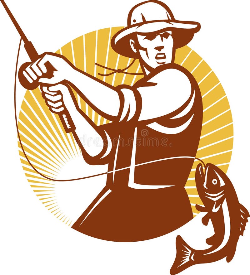 Pescador de la mosca que pesca el grabar en madera retro libre illustration Pescador de la mosca que pesca el grabar en madera retro libre illustration