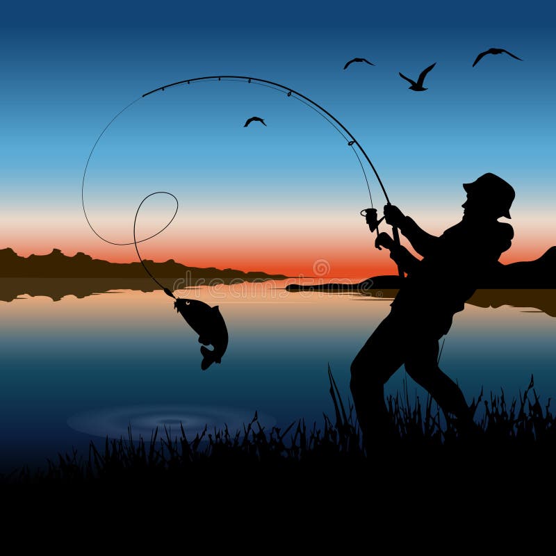 Pescador e natureza O pescador trava peixes em uma vara de pesca