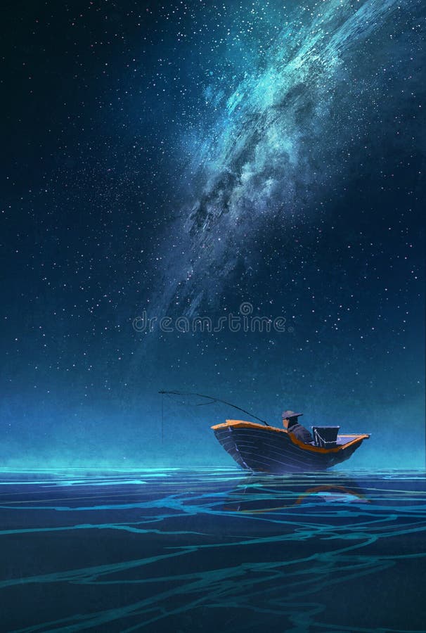 Pescador em um barco na noite sob a Via Látea imagem de stock Pescador em um barco na noite sob a Via Látea imagem de stock