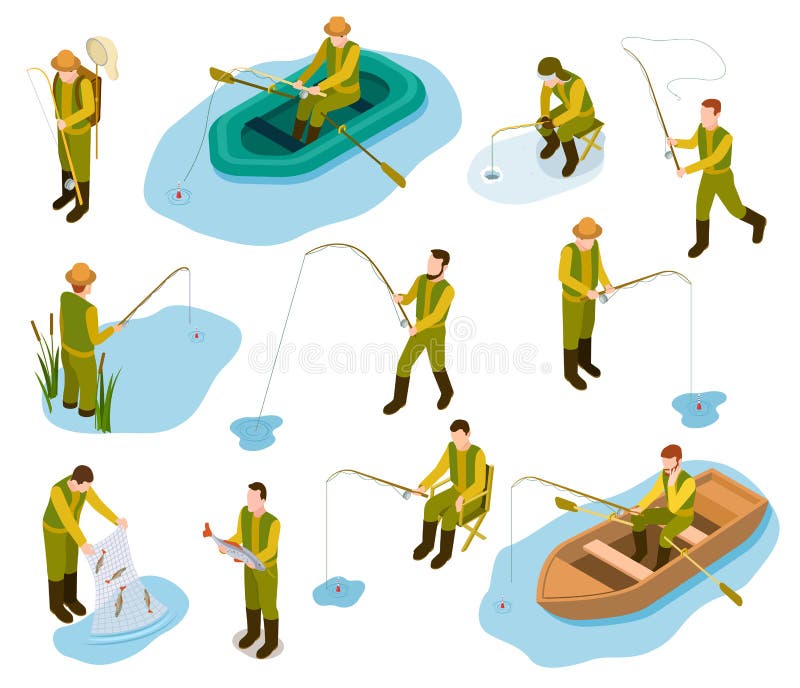 Pescador isométrico Pesca no grupo isométrico de borracha do vetor da vara de pesca 3d do barco da cubeta dos peixes do equipamen ilustração stock Pescador isométrico Pesca no grupo isométrico de borracha do vetor da vara de pesca 3d do barco da cubeta dos peixes do equipamen ilustração stock