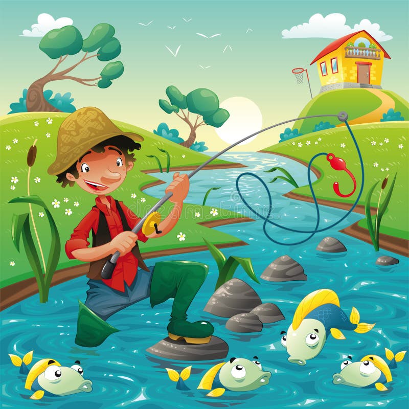 Pescador y pescados en el río.