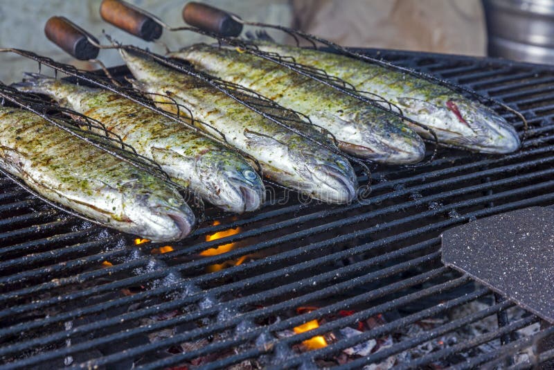 Pescados de la trucha en parrilla imagenes de archivo Pescados de la trucha en parrilla imagenes de archivo
