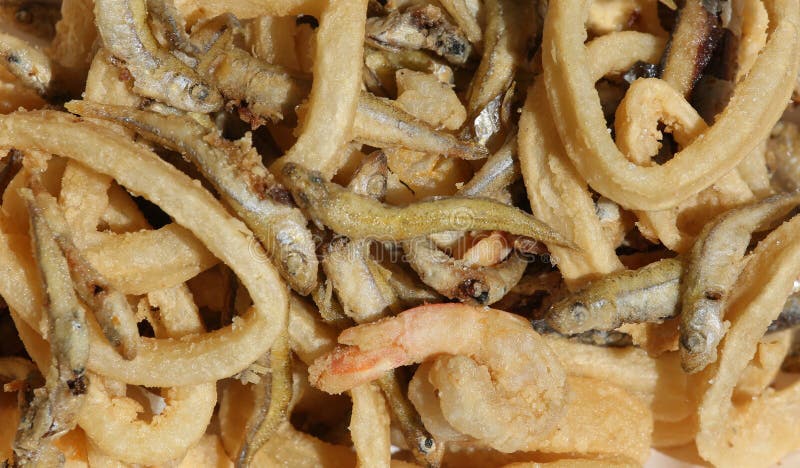 Pescados fritos con el camarón y el calamar foto de archivo Pescados fritos con el camarón y el calamar foto de archivo