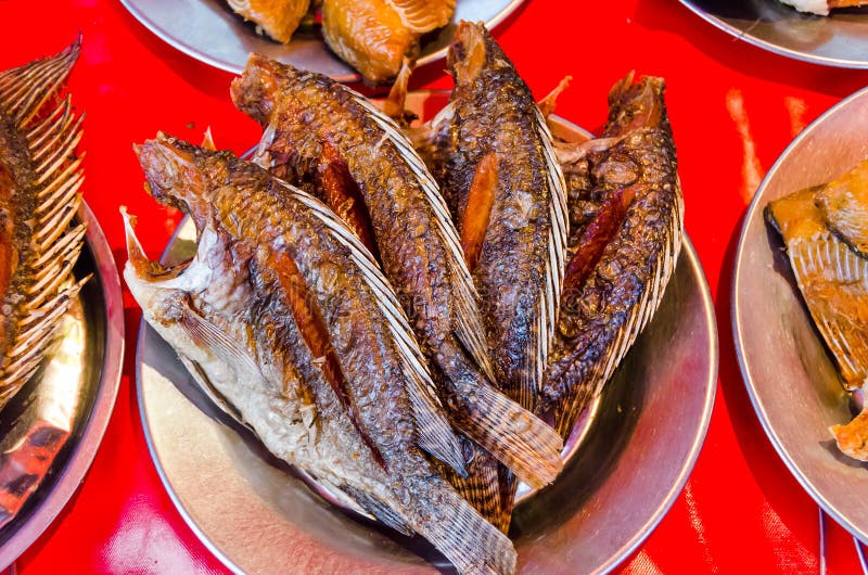 Pescados fritos de la Tilapia en una placa de plata en el mercado libre de Tailandia fotografía de archivo libre de regalías Pescados fritos de la Tilapia en una placa de plata en el mercado libre de Tailandia fotografía de archivo libre de regalías