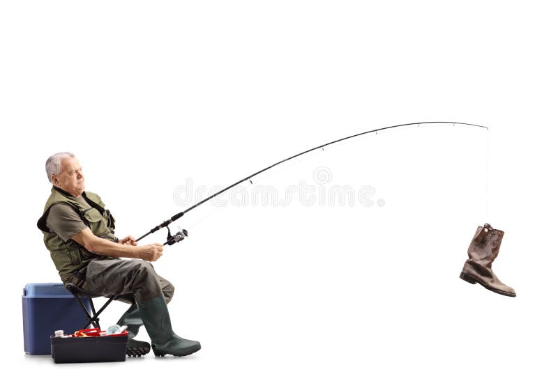 Pescatore su una sedia con un vecchio stivale sulla canna da pesca immagini stock Pescatore su una sedia con un vecchio stivale sulla canna da pesca immagini stock