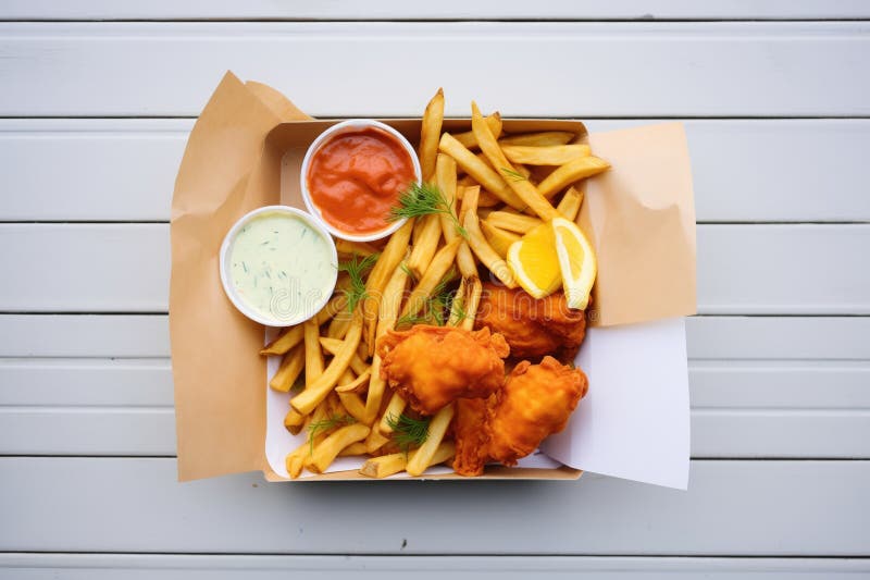 Pesce e patatine in una scatola di togo con pacchetti di salsa. Pesci e patatine in una scatola di togo con confezioni di salsa create con aria generativa generata