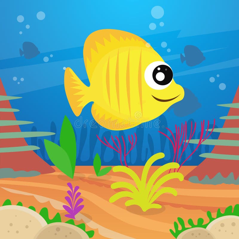 Pesce variopinto del fumetto giallo sotto acqua profonda illustrazione di stock Pesce variopinto del fumetto giallo sotto acqua profonda illustrazione di stock