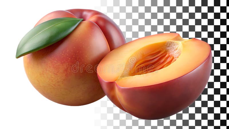 Pesche fresche mature un'intera e una a fette che mostrano una sudicia polpa arancione immagine trasparente Generative AI illustrazione vettoriale