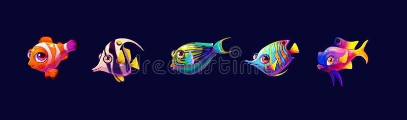 Cute exotic fishes color vector icon big set. Amazing underwater animals illustrations pack on dark blue background. Cartoon design elements. Cute exotic fishes color vector icon big set. Amazing underwater animals illustrations pack on dark blue background. Cartoon design elements