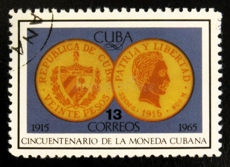 MOSCOW, RUSSIA - JULY 15, 2017: Rare stamp printed in Cuba shows 20 Pesos coin 1915, 50th Anniversary of Cuban liberty, circa 1965. MOSCOW, RUSSIA - JULY 15, 2017: Rare stamp printed in Cuba shows 20 Pesos coin 1915, 50th Anniversary of Cuban liberty, circa 1965