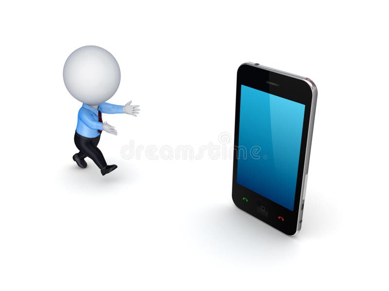 pessoa 3d pequena e telefone móvel moderno. ilustração stock pessoa 3d pequena e telefone móvel moderno. ilustração stock