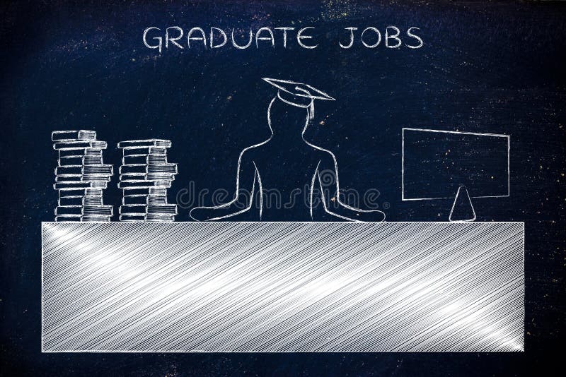 Graduate jobs: person with graduation hat and pile of book sitting at office desk with computer. Graduate jobs: person with graduation hat and pile of book sitting at office desk with computer