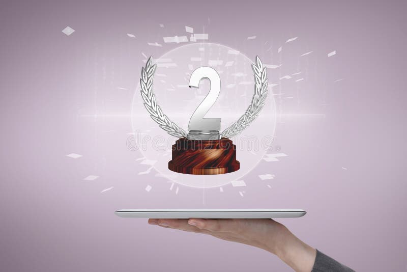 Digital composite of Person holding a tablet with a trophy. Digital composite of Person holding a tablet with a trophy