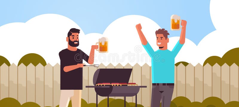 Pessoal casal preparando carne em grill africano homens bebendo cerveja em amigos do exterior divertindo-se no piquenique do quin ilustração royalty free Pessoal casal preparando carne em grill africano homens bebendo cerveja em amigos do exterior divertindo-se no piquenique do quin ilustração royalty free