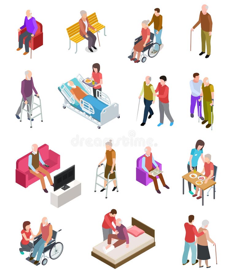 Pessoas adultas isométricas Pessoas superiores, enfermeira do ajudante Terapia médica da casa dos sêniores Povos na cadeira de ro ilustração do vetor Pessoas adultas isométricas Pessoas superiores, enfermeira do ajudante Terapia médica da casa dos sêniores Povos na cadeira de ro ilustração do vetor