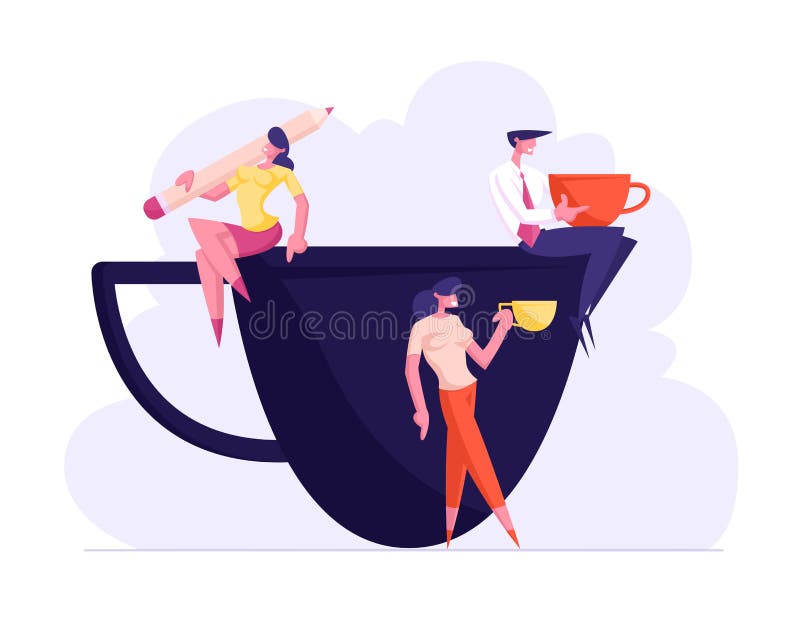 Pessoas, amigos ou colegas do negócio na ruptura de café na sala de reunião Os povos de relaxamento de sorriso sentam-se no copo ilustração stock Pessoas, amigos ou colegas do negócio na ruptura de café na sala de reunião Os povos de relaxamento de sorriso sentam-se no copo ilustração stock