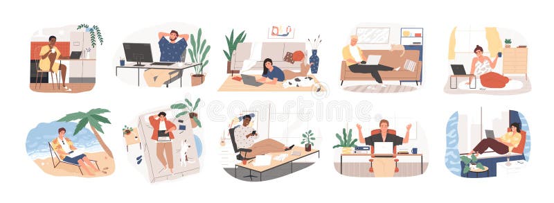 Pessoas freelance trabalham em condições confortáveis, definem uma ilustração vetorial plana Caráter freelancer trabalhando em ca
