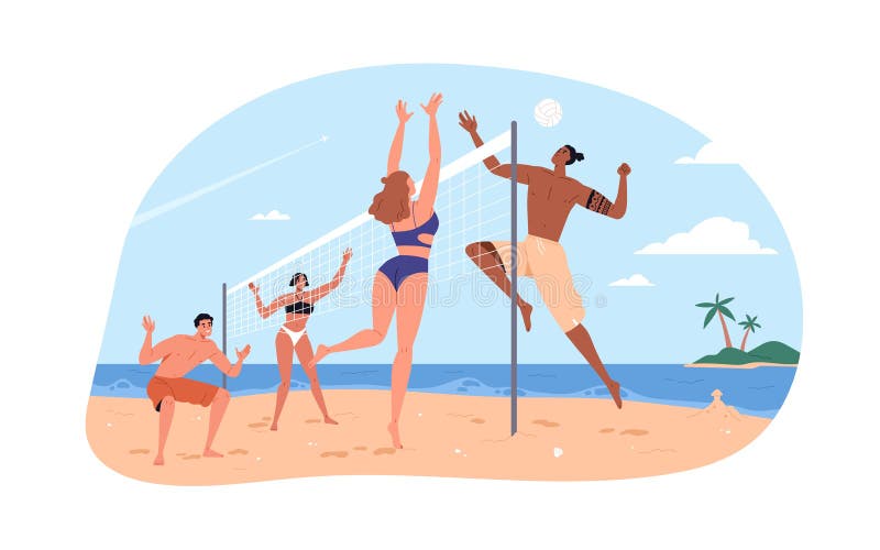 Ilustração de pessoas jogando vôlei na praia