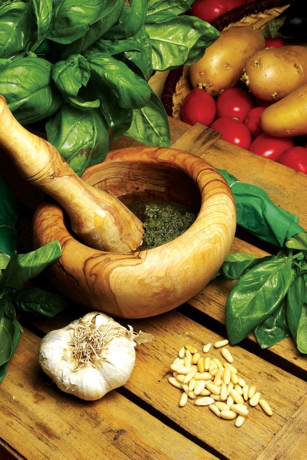 Vegetable elements for Ligurian pesto, food ingredients, Italy. Vegetable elements for Ligurian pesto, food ingredients, Italy