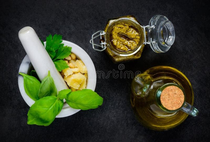 Pesto, Olive Oil and Pestle and Mortar Stock Image Image of herbs