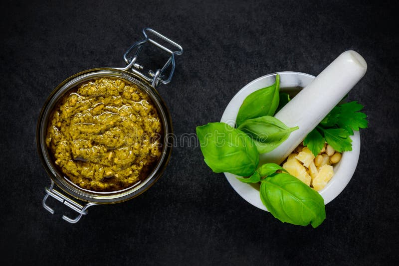 Pesto with Pestle and Mortar in Top View Stock Photo Image of parsley