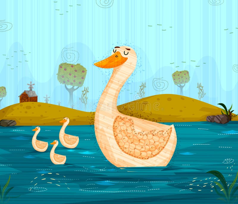 Pet bird Duck floating on river background in vector in vector