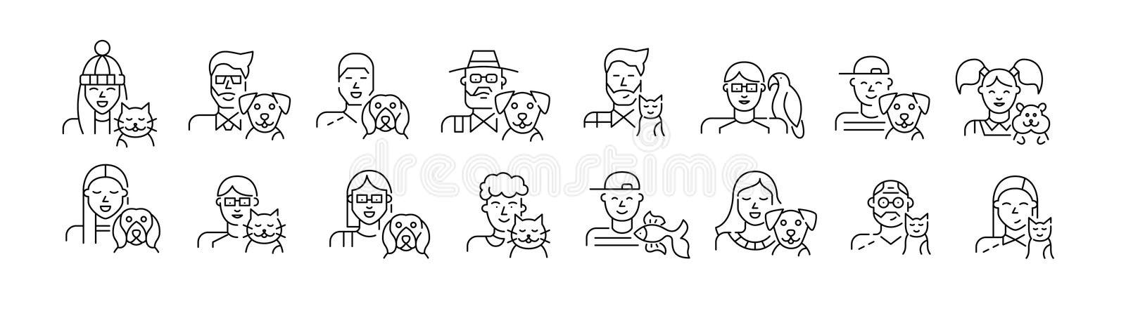 Pet owners of different ages. Cat, dog, fish and parrot love. Pixel perfect, editable stroke set vector illustration Pet owners of different ages. Cat, dog, fish and parrot love. Pixel perfect, editable stroke set vector illustration