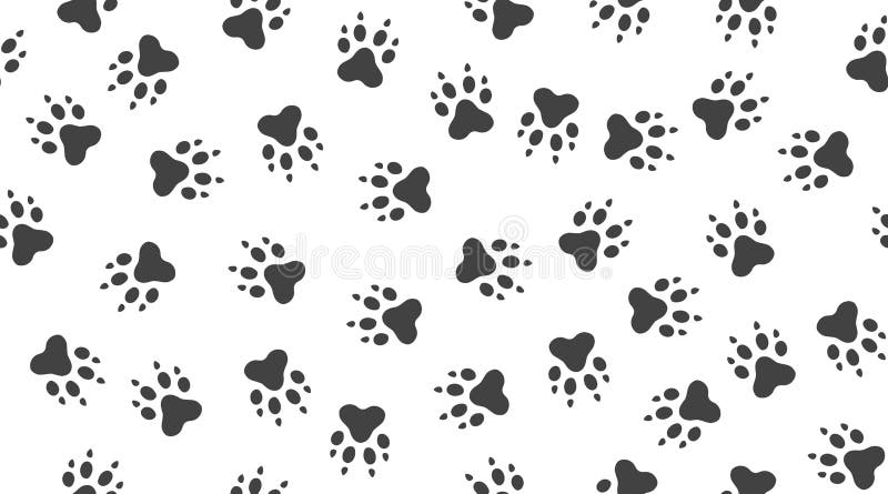 Pet paw vector seamless pattern with flat icons. Black white color animal tracks texture. Dog, cat footprint background