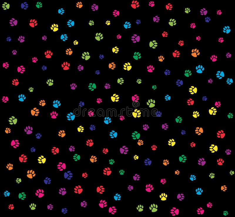 Pet paws colorful on black seamless pattern background.