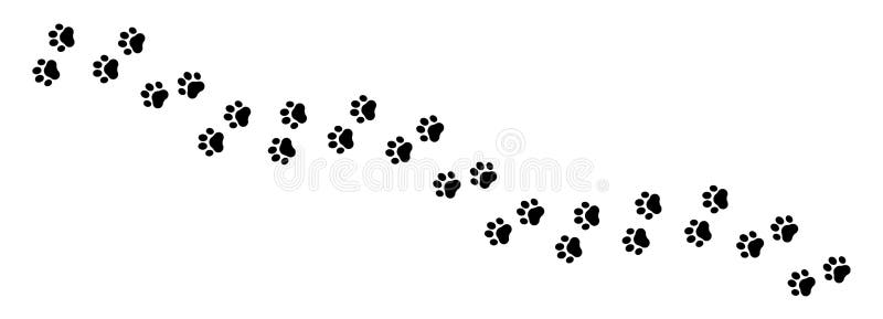 Pet prints. Paw pattern. Footprints for pets, dog or cat. Foot puppy. Black silhouette shape paw print. Footprint pet. Animal trac stock illustration
