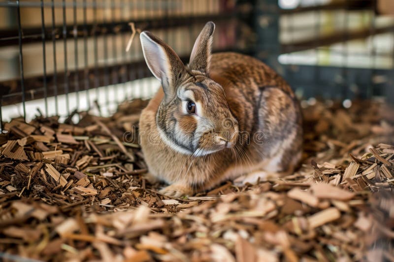 Pet Rabbit Inside a Cage with a Wood Chip Bedding Stock Image Image of indoors, generated