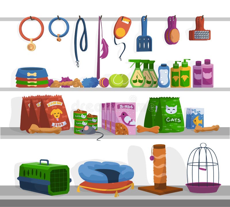 Pet shop. Cartoon toys, foods and goods for cats and dogs. Assortment of store shelves. Tray or scratching post, bird