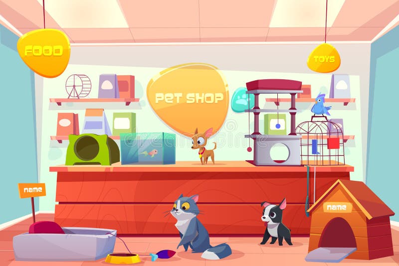 Premium Vector  Pet services cartoon background with domestic dog looking  in mirror in shop for animals vector illustration