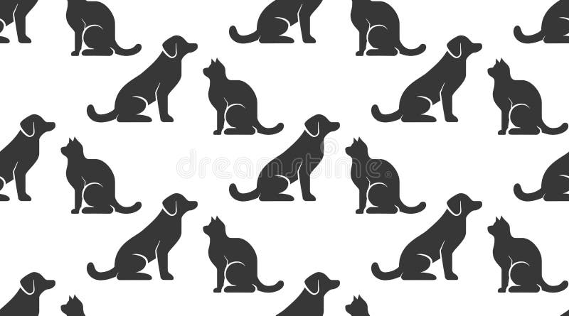 Pet shop vector seamless pattern with flat icons of dog and cat sitting opposite each other. Black silhouette on white