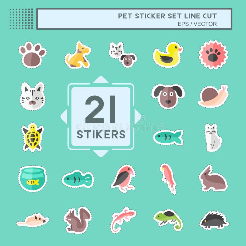 Pet Sticker Set in Trendy Line Cut Isolated on Blue Background Stock