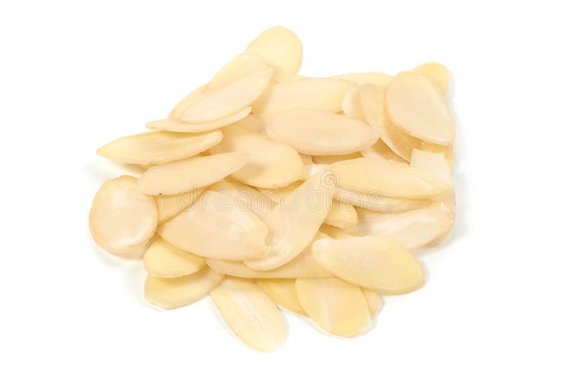 Petals of almond nuts, close-up, isolated on white background