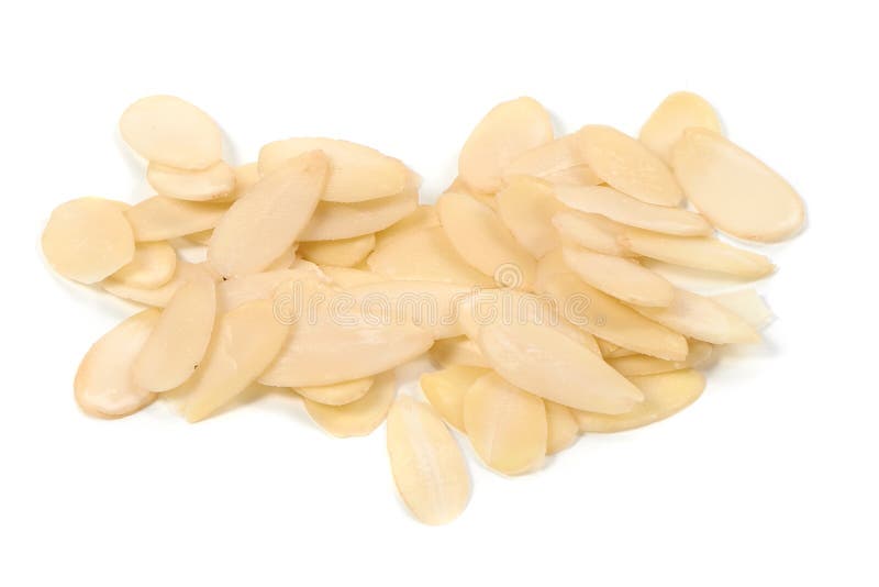 Petals of almond nuts, close-up, isolated on white background