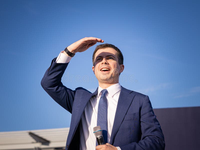 Arlington, Virginia/USA- February 23, 2020: Mayor Pete Buttigieg addressing the crowd at a high school in Arlington Va before the upcoming Virginia primary.