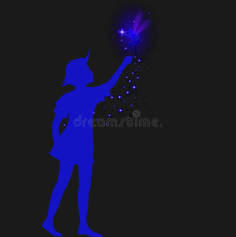 Peter pan silhouette with fairy and blue sparckle