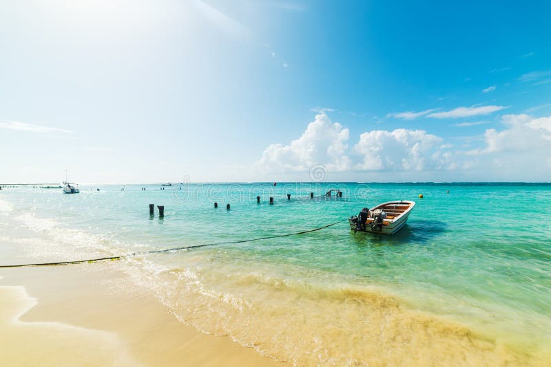 Petit bateau en bois amarré en belle plage de Sainte Anne en Guadeloupe images stock Petit bateau en bois amarré en belle plage de Sainte Anne en Guadeloupe images stock