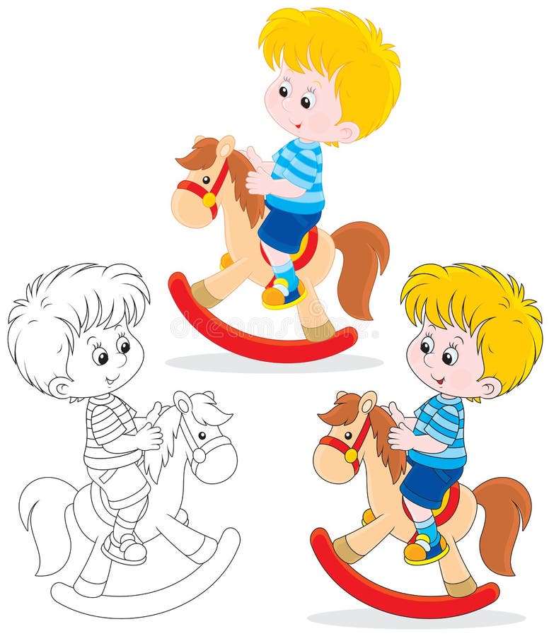 Boy riding on a toy horse, three versions of the illustration. Boy riding on a toy horse, three versions of the illustration