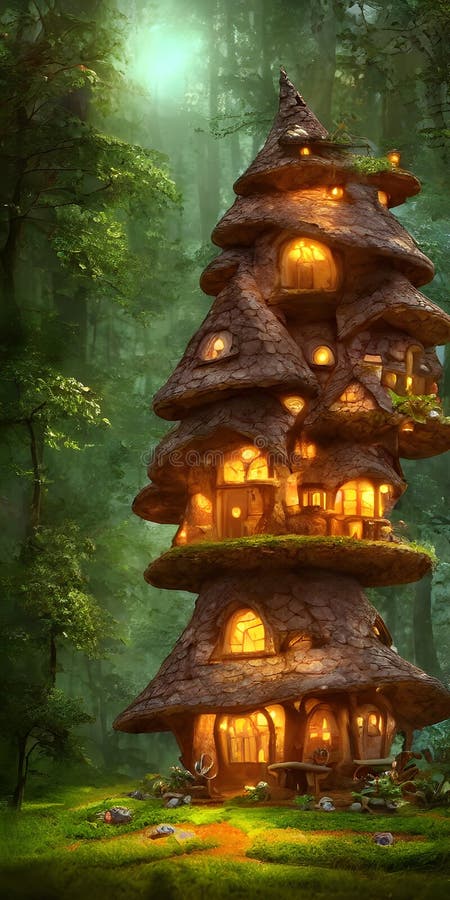 Petit chalet de conte de fée en forêt magique illustration libre de droits