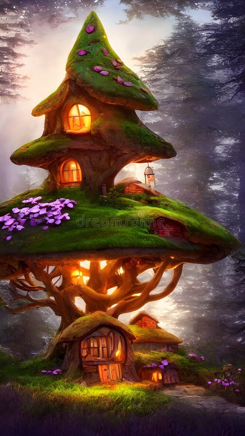 Petit chalet de conte de fée en forêt magique illustration de vecteur