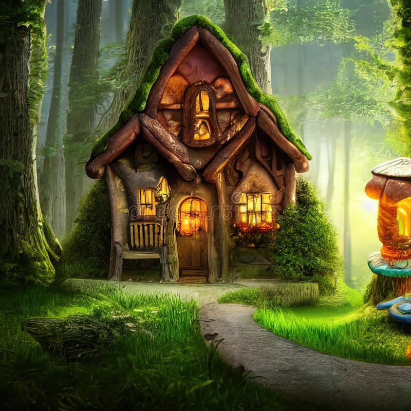 Petit chalet de conte de fées dans la forêt magique illustration libre de droits