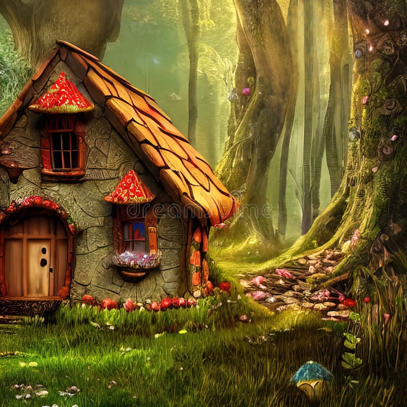 Petit chalet de conte de fées dans la forêt magique illustration stock