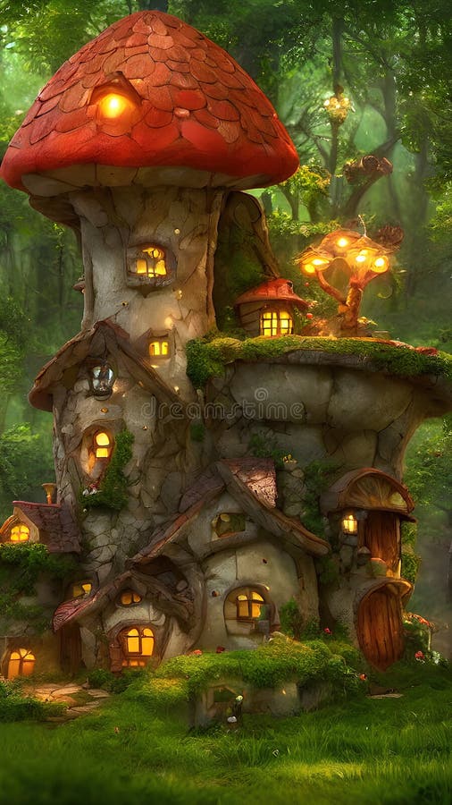 Petit chalet fantastique en forme de champignon dans la forêt magique illustration libre de droits