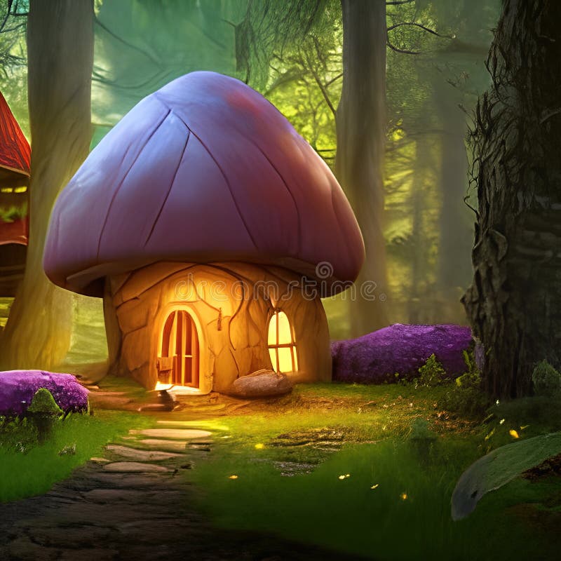 Petit chalet fantastique en forme de champignon dans la forêt magique illustration stock